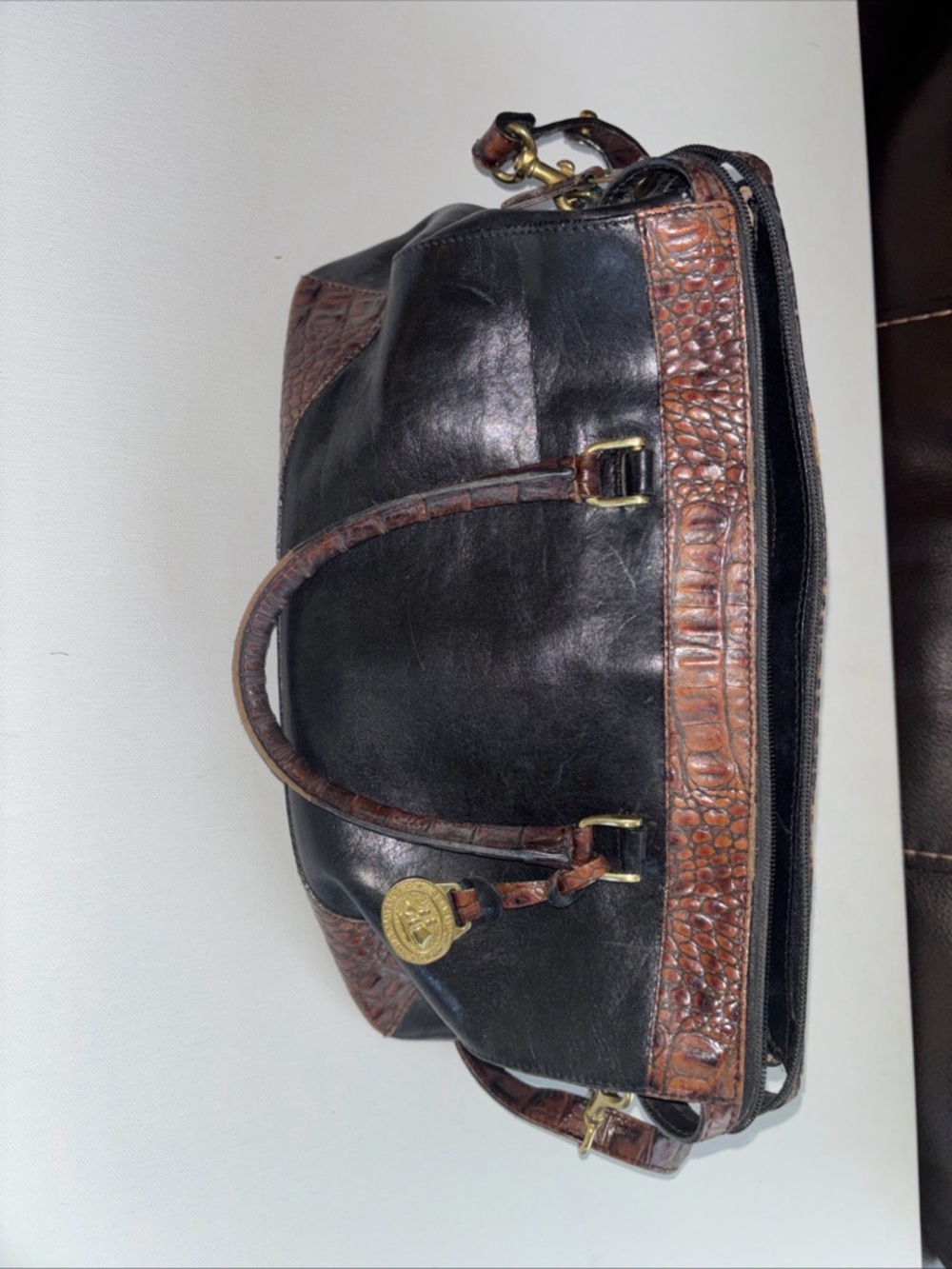 Brahmin Black and Brown Croc-Trimmed Crossbody Satchel